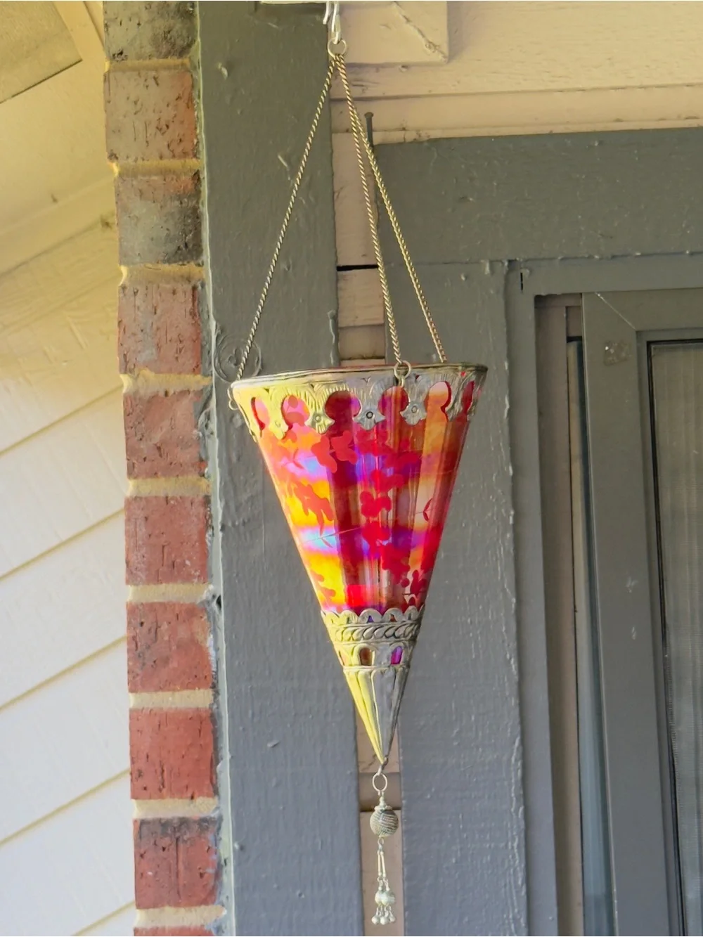 Irridescent Turkish Cut Glass Candle Pendant, Metal Framed Moroccan Lamp Lantern